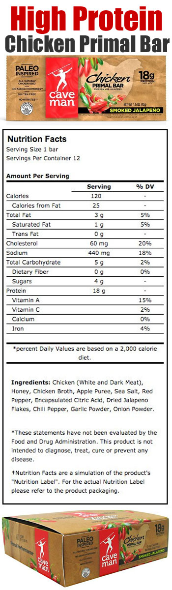 Chicken Primal Bar Package, Nutrition and ingredient List