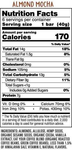 Almond Mocha Coffee Bar Ingredients & Nutrition Label
